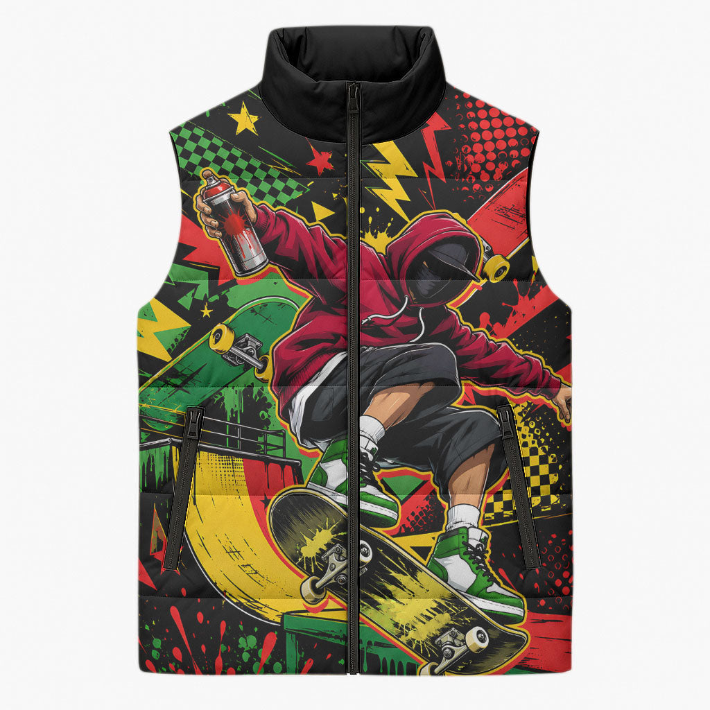 Skateboarder Spray Painter Sleeveless Puffer Jacket Rasta Colors Graffiti Streetwear Pop Art Graphic