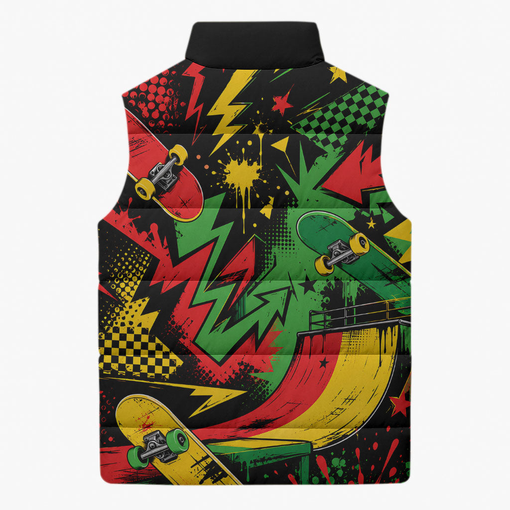 Skateboarder Spray Painter Sleeveless Puffer Jacket Rasta Colors Graffiti Streetwear Pop Art Graphic