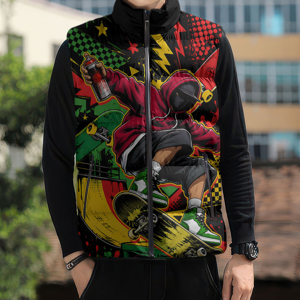 Skateboarder Spray Painter Sleeveless Puffer Jacket Rasta Colors Graffiti Streetwear Pop Art Graphic