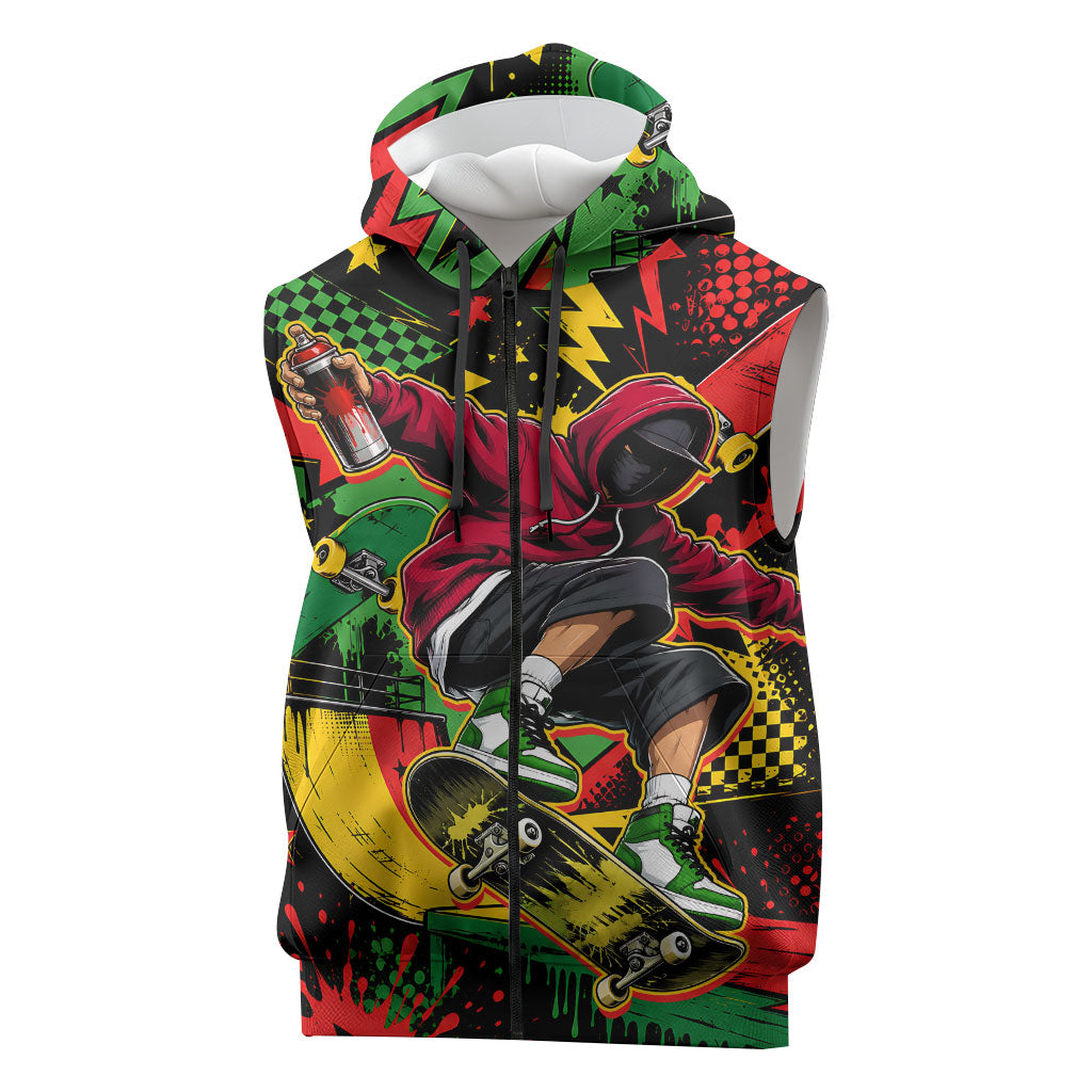 Skateboarder Spray Painter Sleeveless Zip Hoodie Rasta Colors Graffiti Streetwear Pop Art Graphic