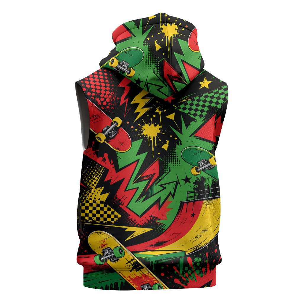 Skateboarder Spray Painter Sleeveless Zip Hoodie Rasta Colors Graffiti Streetwear Pop Art Graphic