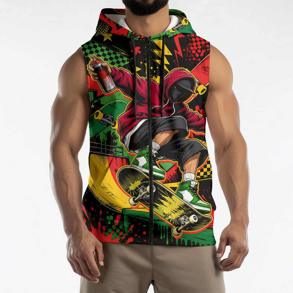 Skateboarder Spray Painter Sleeveless Zip Hoodie Rasta Colors Graffiti Streetwear Pop Art Graphic