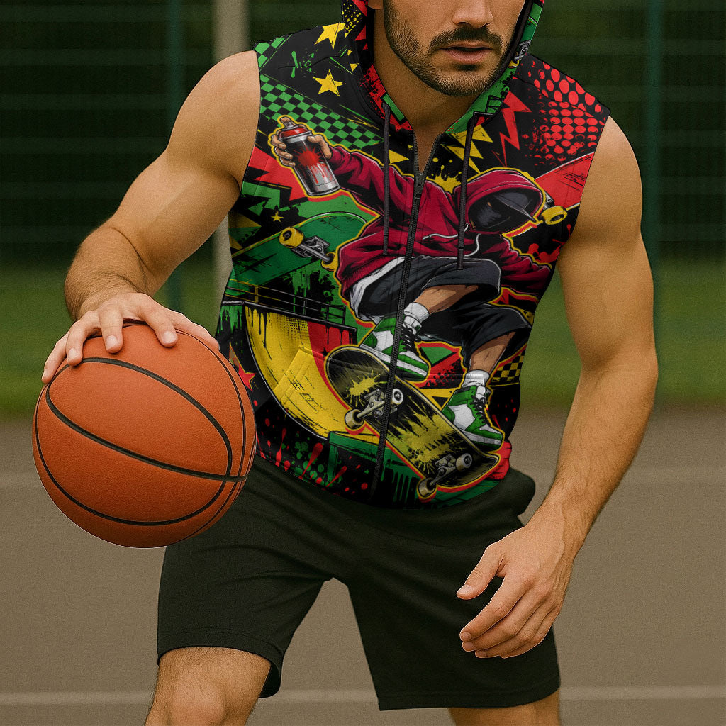 Skateboarder Spray Painter Sleeveless Zip Hoodie Rasta Colors Graffiti Streetwear Pop Art Graphic