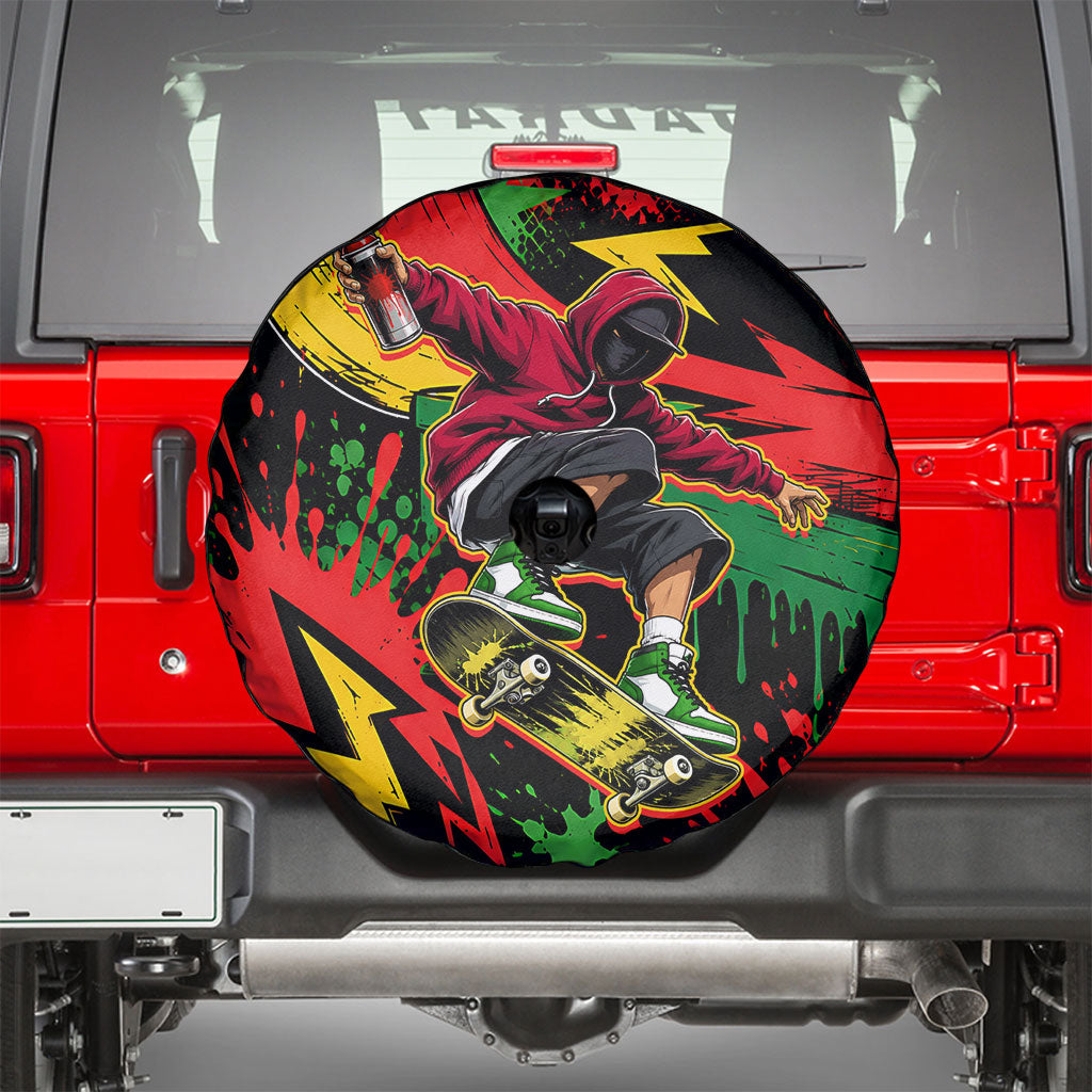 Skateboarder Spray Painter Spare Tire Cover Rasta Colors Graffiti Streetwear Pop Art Graphic