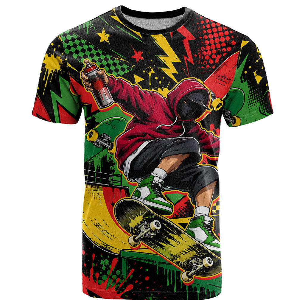 Skateboarder Spray Painter T Shirt Rasta Colors Graffiti Streetwear Pop Art Graphic