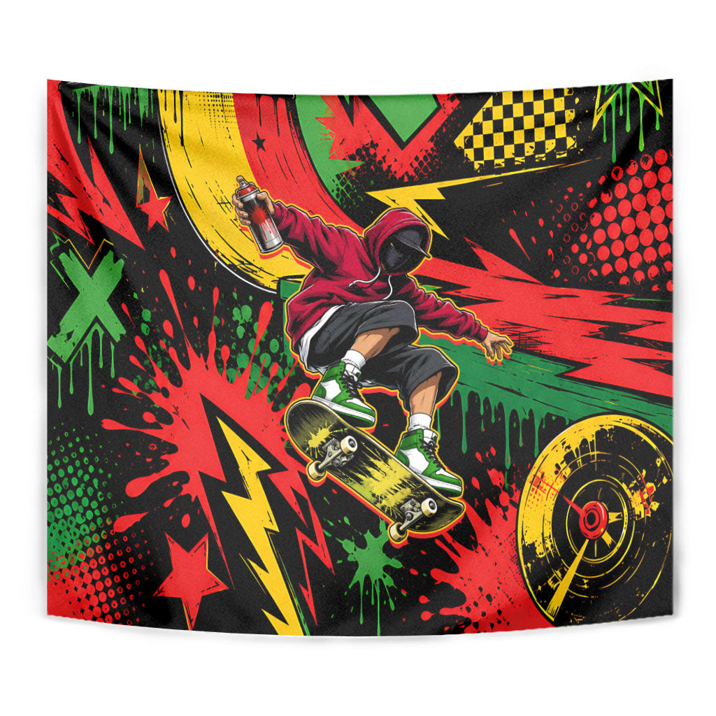 Skateboarder Spray Painter Tapestry Rasta Colors Graffiti Streetwear Pop Art Graphic