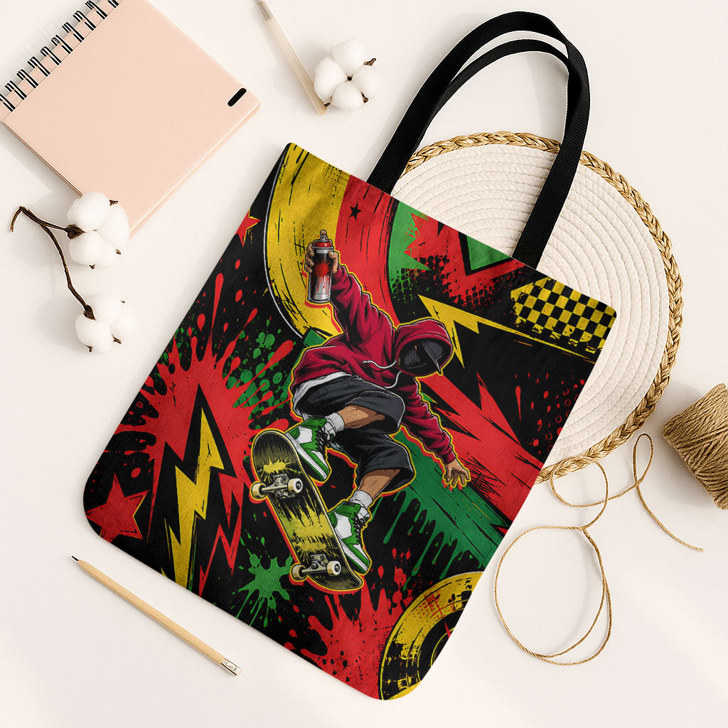 Skateboarder Spray Painter Tote Bag Rasta Colors Graffiti Streetwear Pop Art Graphic