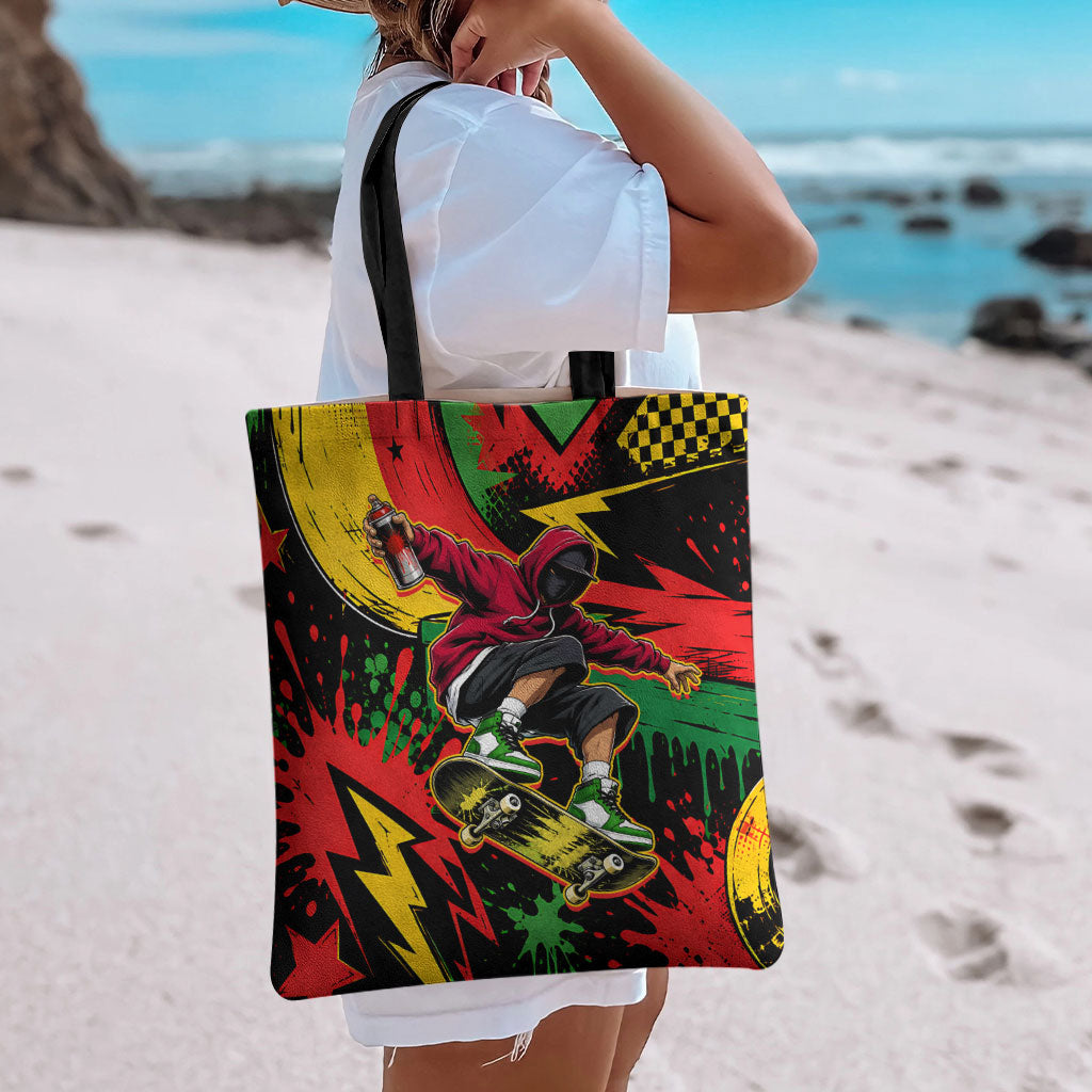 Skateboarder Spray Painter Tote Bag Rasta Colors Graffiti Streetwear Pop Art Graphic