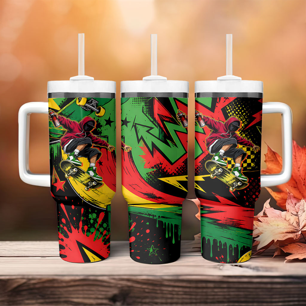 Skateboarder Spray Painter Tumbler With Handle Rasta Colors Graffiti Streetwear Pop Art Graphic