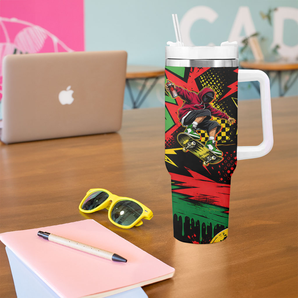 Skateboarder Spray Painter Tumbler With Handle Rasta Colors Graffiti Streetwear Pop Art Graphic