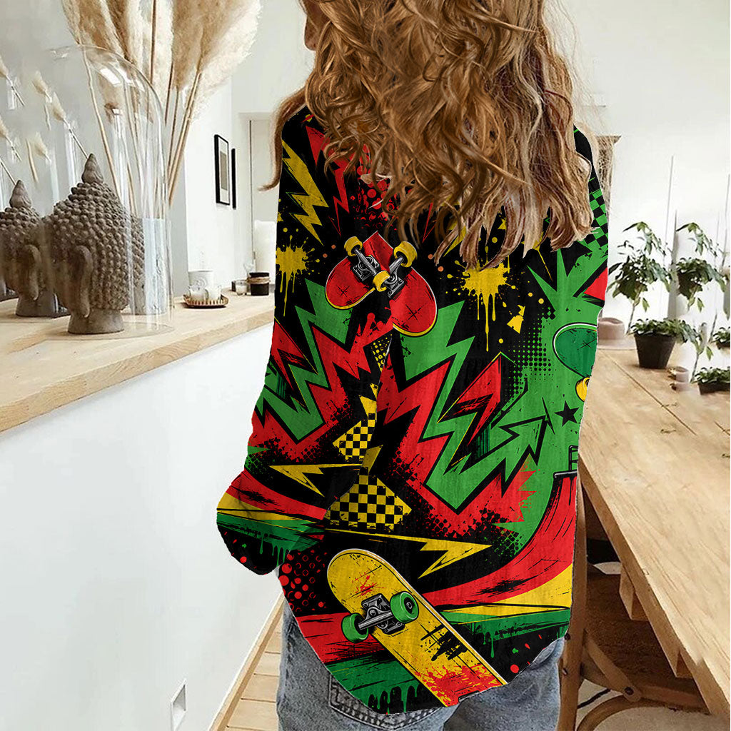 Skateboarder Spray Painter Women Casual Shirt Rasta Colors Graffiti Streetwear Pop Art Graphic