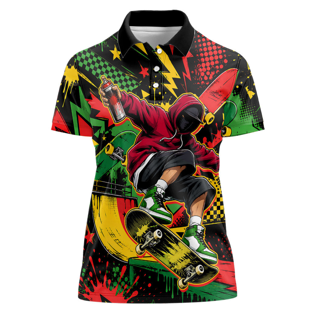 Skateboarder Spray Painter Women Polo Shirt Rasta Colors Graffiti Streetwear Pop Art Graphic