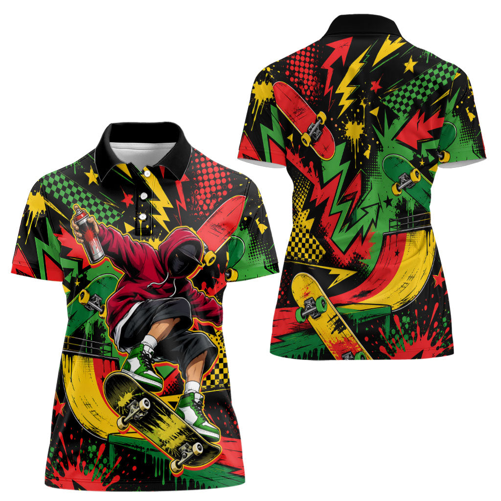 Skateboarder Spray Painter Women Polo Shirt Rasta Colors Graffiti Streetwear Pop Art Graphic