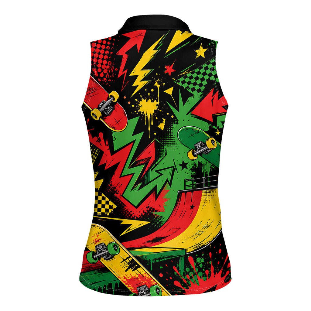 Skateboarder Spray Painter Women Sleeveless Polo Shirt Rasta Colors Graffiti Streetwear Pop Art Graphic