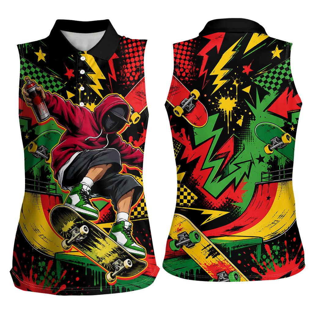 Skateboarder Spray Painter Women Sleeveless Polo Shirt Rasta Colors Graffiti Streetwear Pop Art Graphic