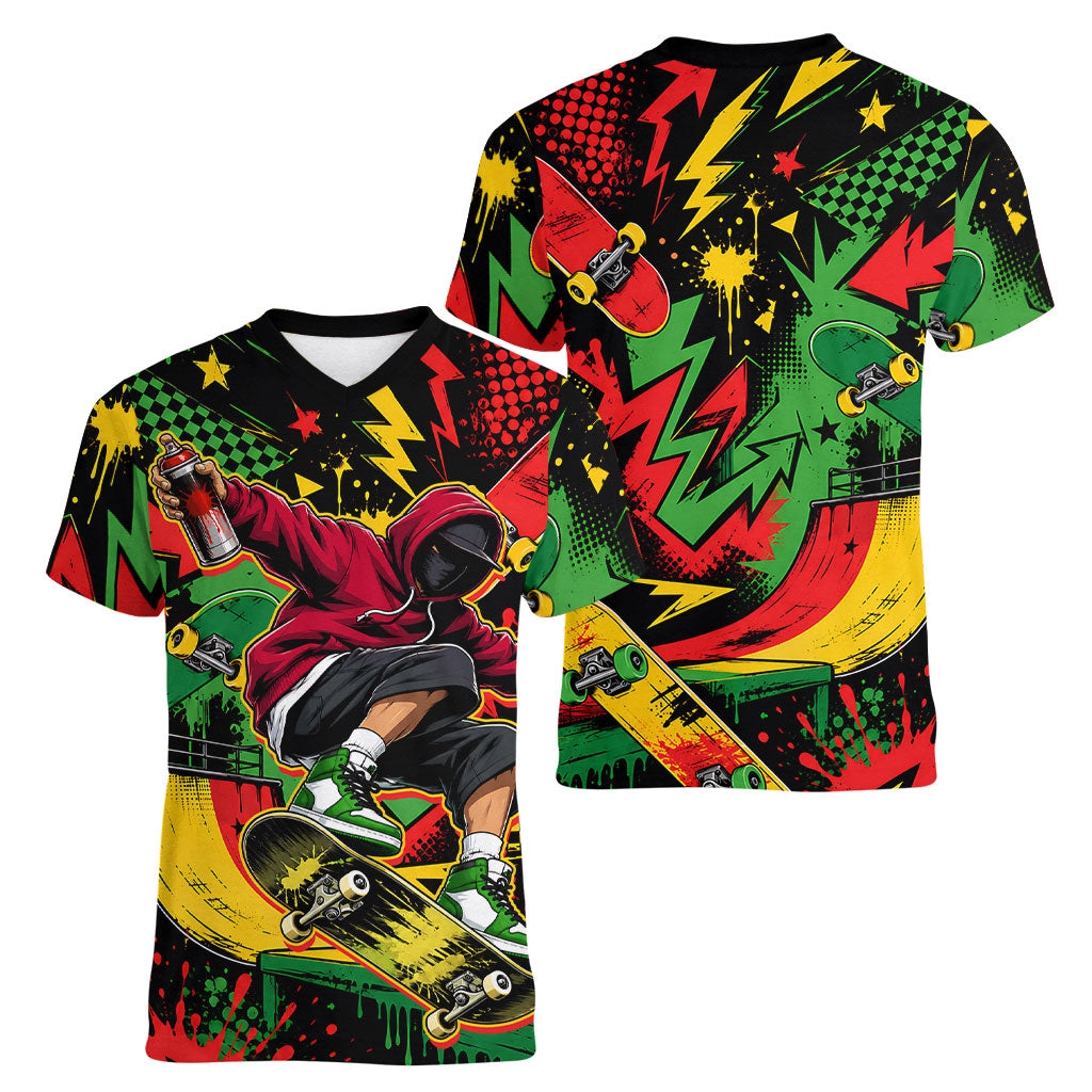 Skateboarder Spray Painter Women V-Neck T-Shirt Rasta Colors Graffiti Streetwear Pop Art Graphic