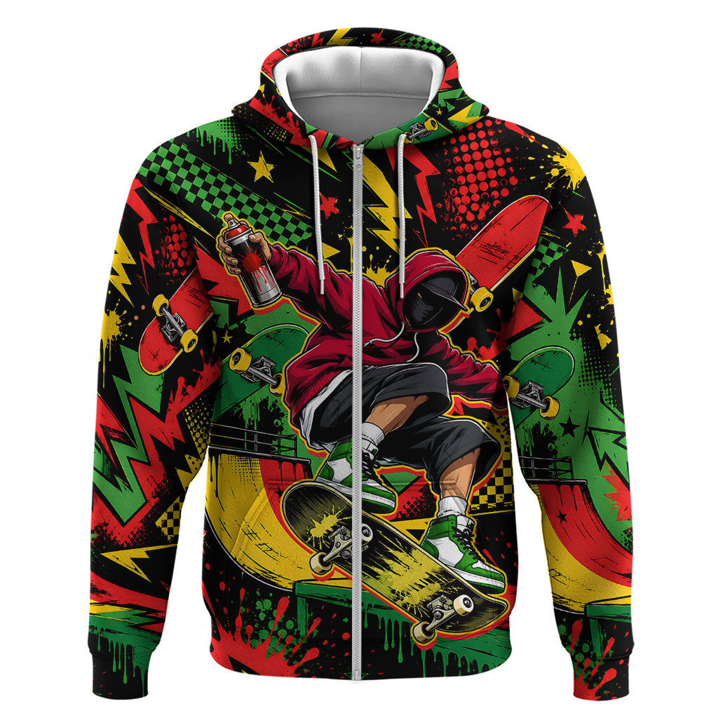 Skateboarder Spray Painter Zip Hoodie Rasta Colors Graffiti Streetwear Pop Art Graphic