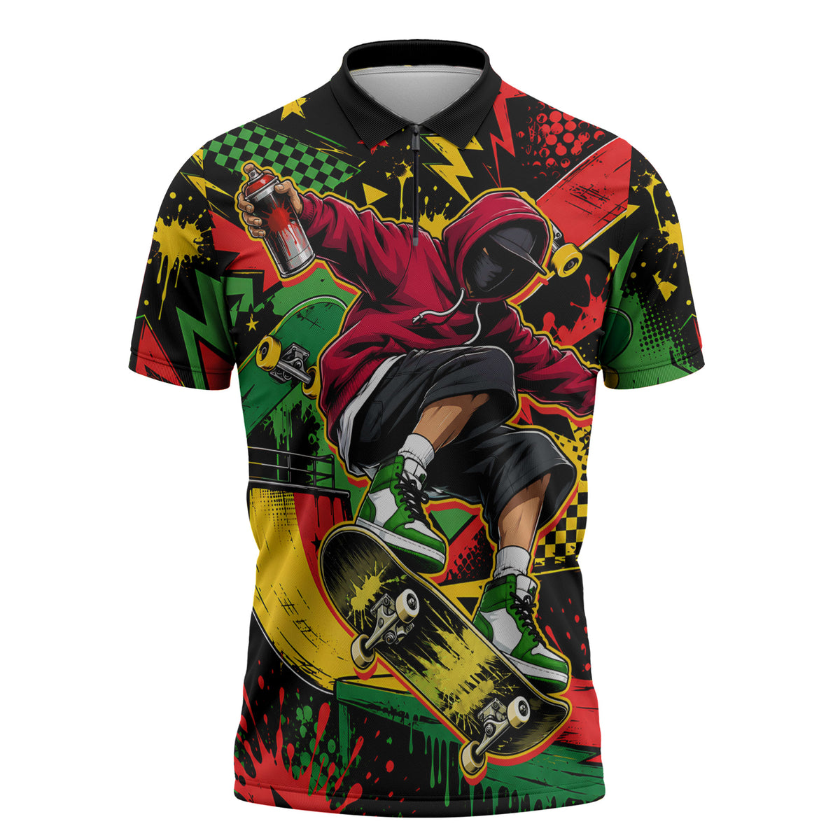 Skateboarder Spray Painter Zipper Polo Shirt Rasta Colors Graffiti Streetwear Pop Art Graphic