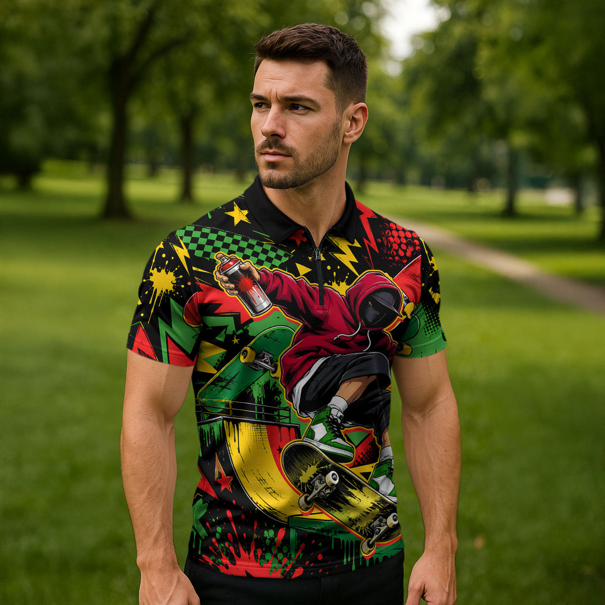 Skateboarder Spray Painter Zipper Polo Shirt Rasta Colors Graffiti Streetwear Pop Art Graphic