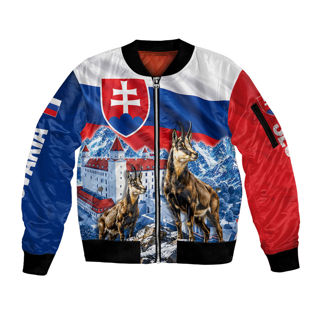 Slovakia Where Eagles Fly Sleeve Zip Bomber Jacket Bratislava Castle Chamois Eagle Patriotism