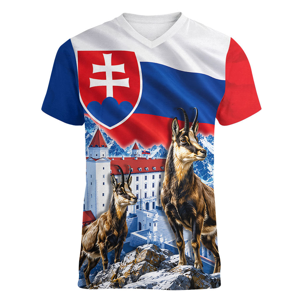 Slovakia Where Eagles Fly Women V-Neck T-Shirt Bratislava Castle Chamois Eagle Patriotism