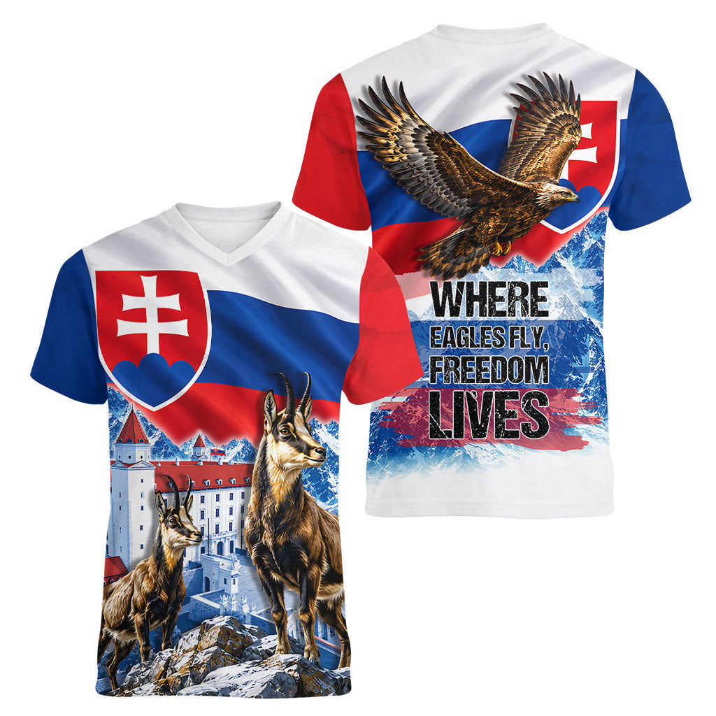 Slovakia Where Eagles Fly Women V-Neck T-Shirt Bratislava Castle Chamois Eagle Patriotism