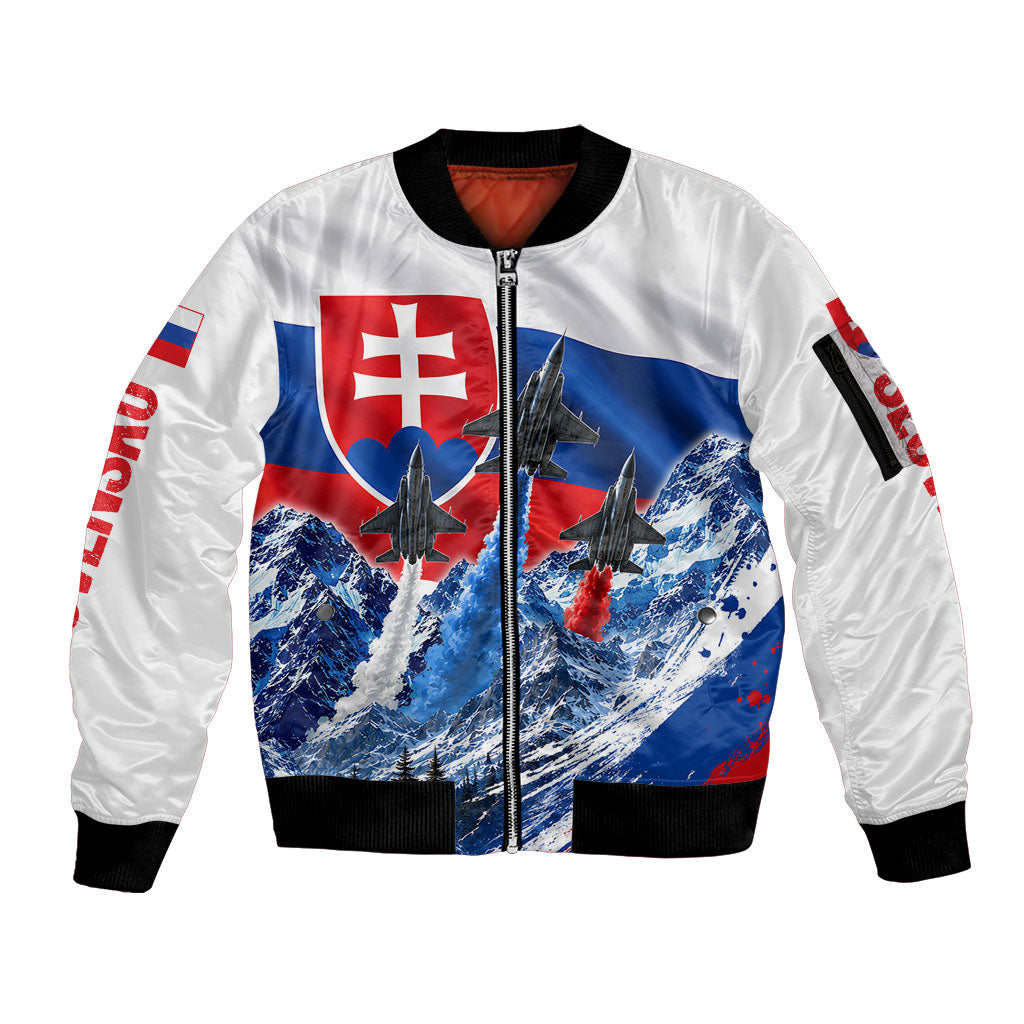 Slovakia Military Freedom Sleeve Zip Bomber Jacket Fighter Jets Soldier Eagle Mountain