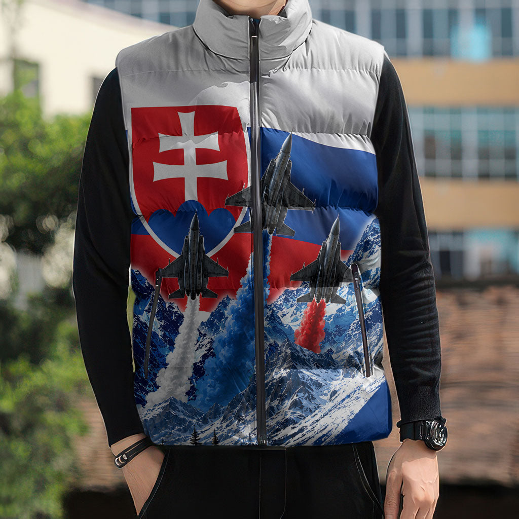 Slovakia Military Freedom Sleeveless Puffer Jacket Fighter Jets Soldier Eagle Mountain