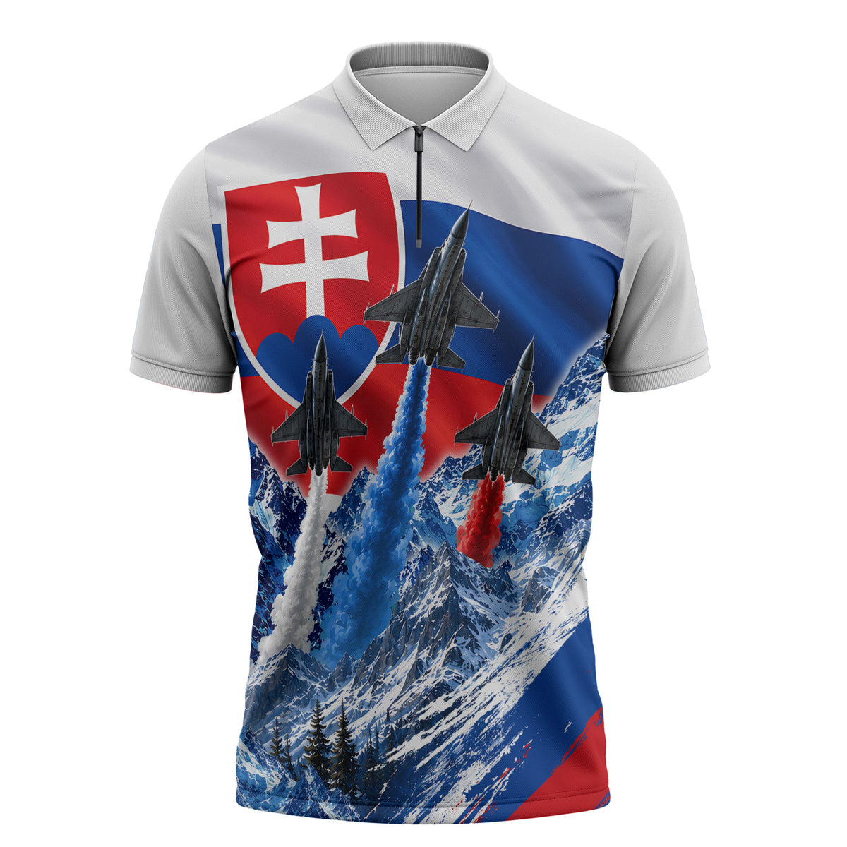 Slovakia Military Freedom Zipper Polo Shirt Fighter Jets Soldier Eagle Mountain