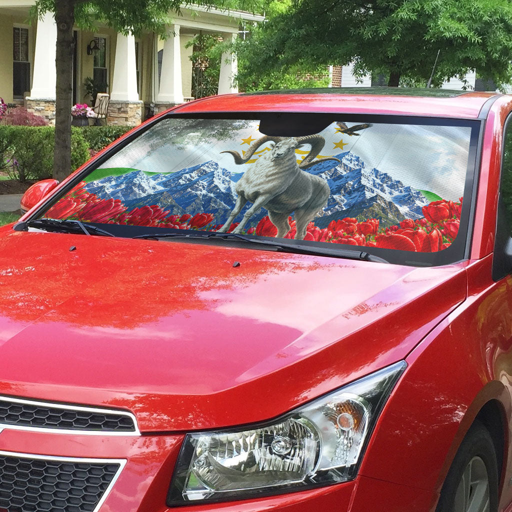 Tajikistan National Pride Auto Sun Shade Ismoil Somoni Monument Marco Polo Sheep Flag