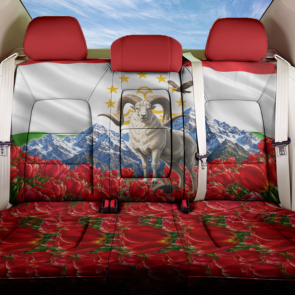 Tajikistan National Pride Back Car Seat Cover Ismoil Somoni Monument Marco Polo Sheep Flag