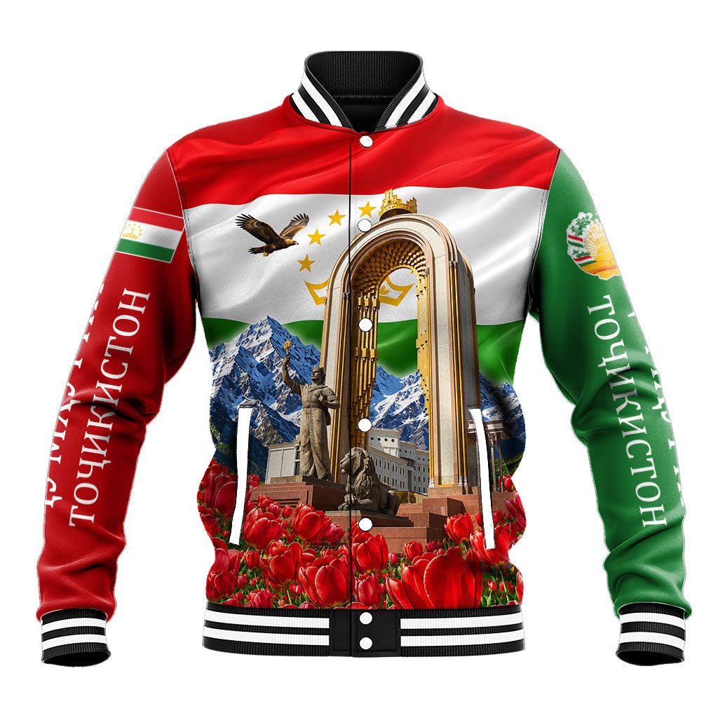 Tajikistan National Pride Baseball Jacket Ismoil Somoni Monument Marco Polo Sheep Flag