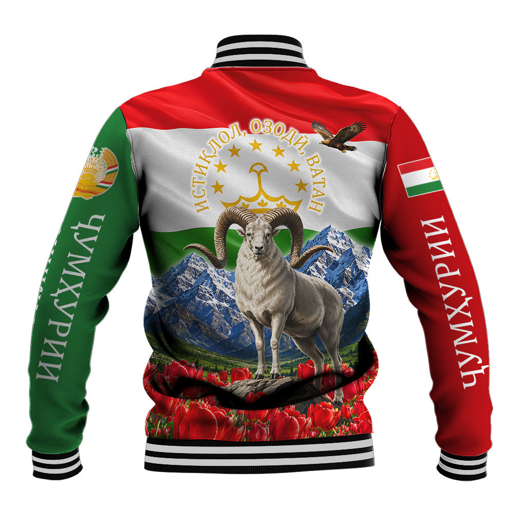 Tajikistan National Pride Baseball Jacket Ismoil Somoni Monument Marco Polo Sheep Flag