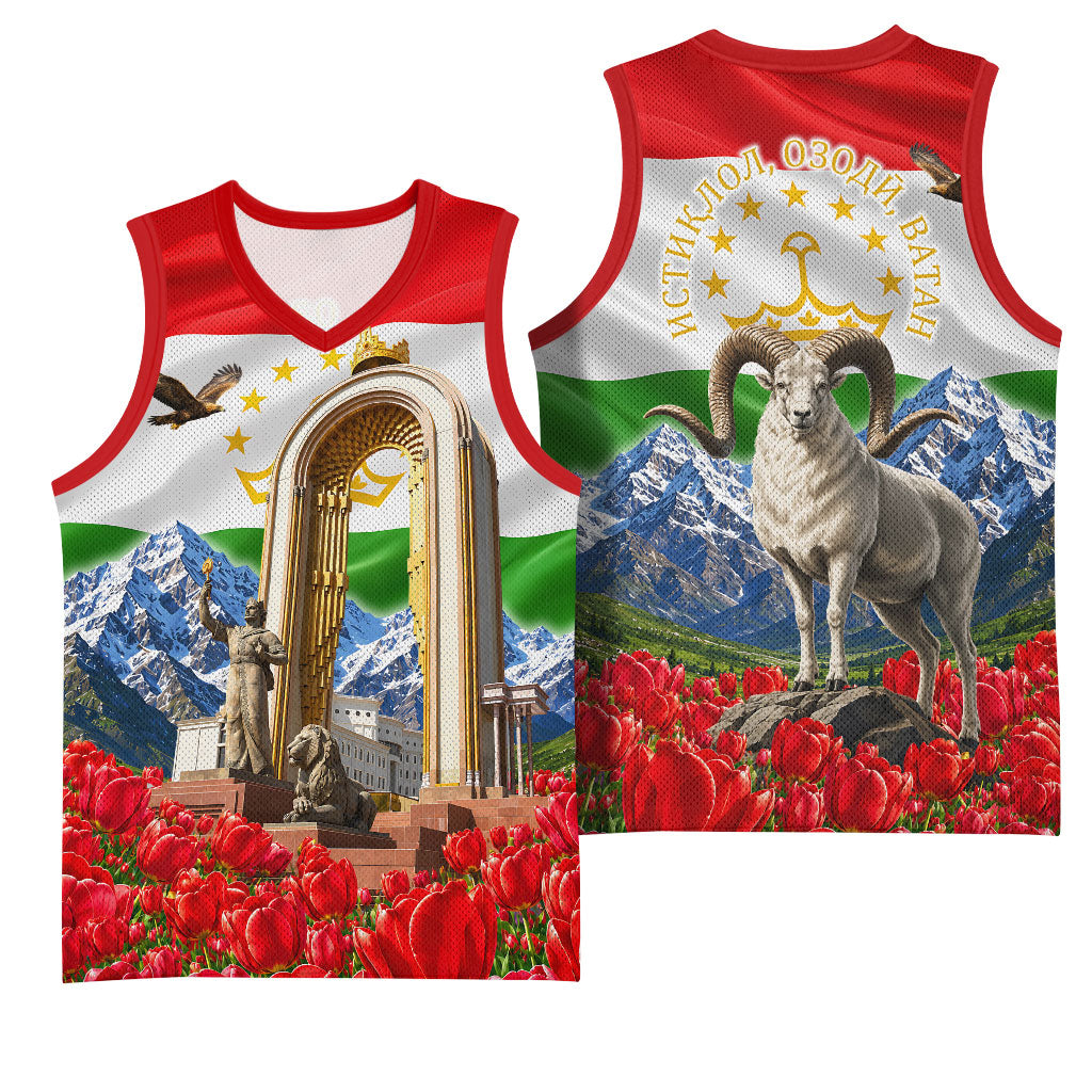 Tajikistan National Pride Basketball Jersey Ismoil Somoni Monument Marco Polo Sheep Flag