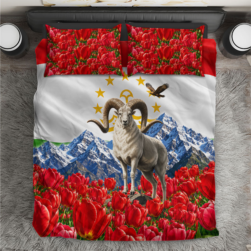 Tajikistan National Pride Bedding Set Ismoil Somoni Monument Marco Polo Sheep Flag