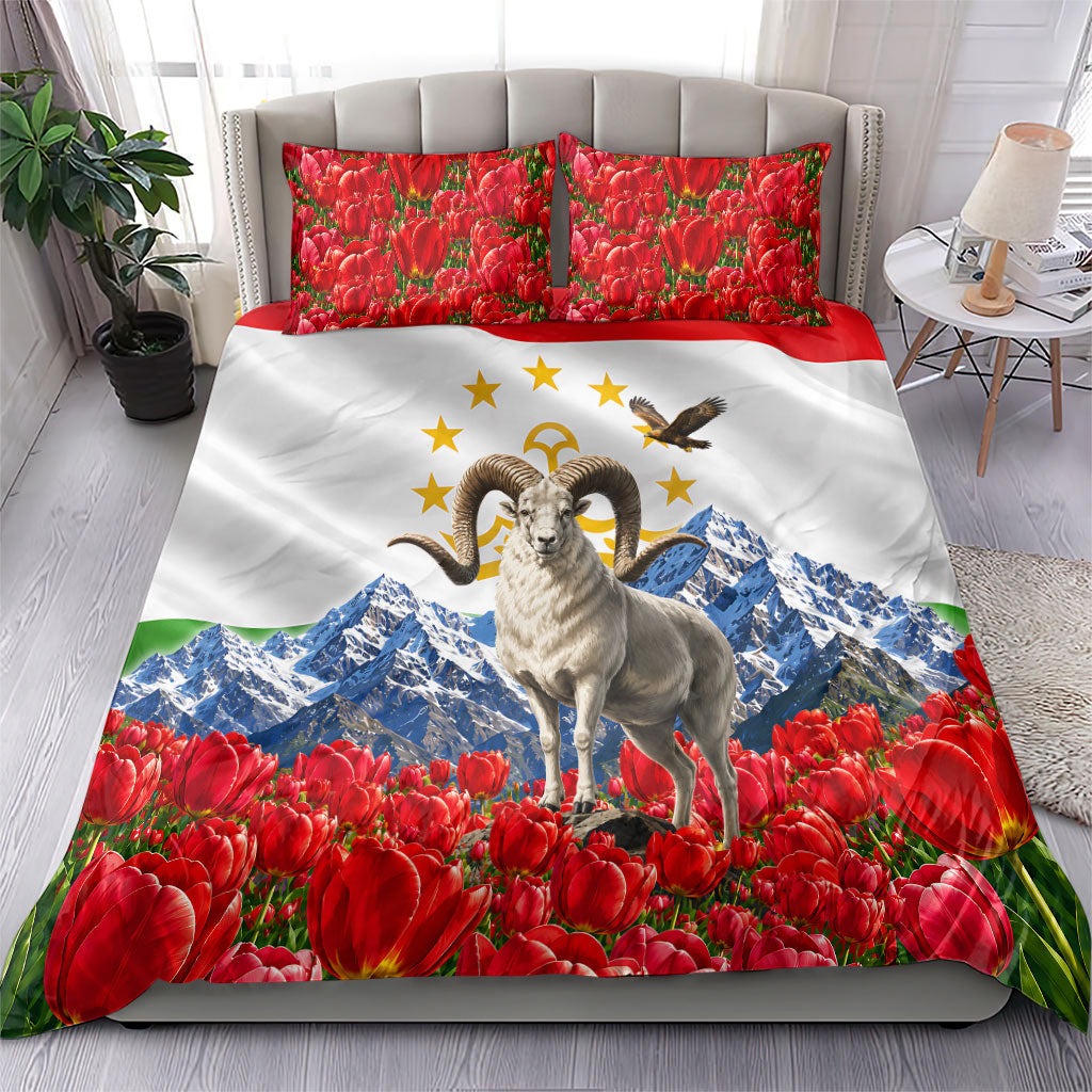 Tajikistan National Pride Bedding Set Ismoil Somoni Monument Marco Polo Sheep Flag
