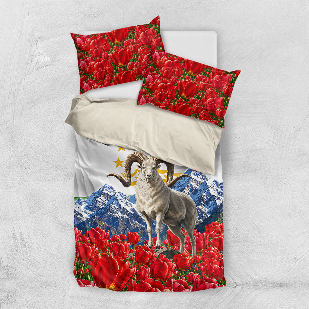 Tajikistan National Pride Bedding Set Ismoil Somoni Monument Marco Polo Sheep Flag