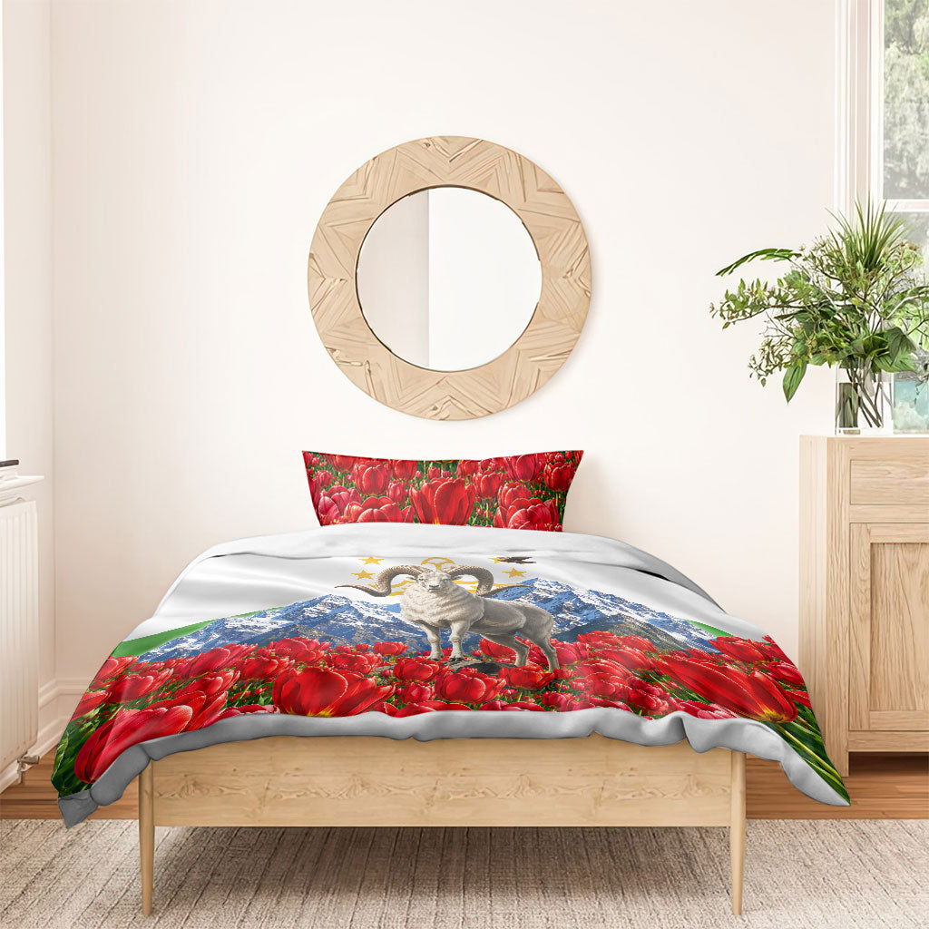 Tajikistan National Pride Bedding Set Ismoil Somoni Monument Marco Polo Sheep Flag