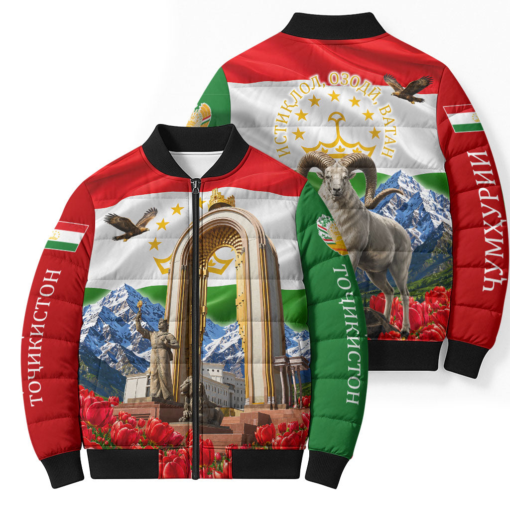 Tajikistan National Pride Bomber Puffer Jacket Ismoil Somoni Monument Marco Polo Sheep Flag