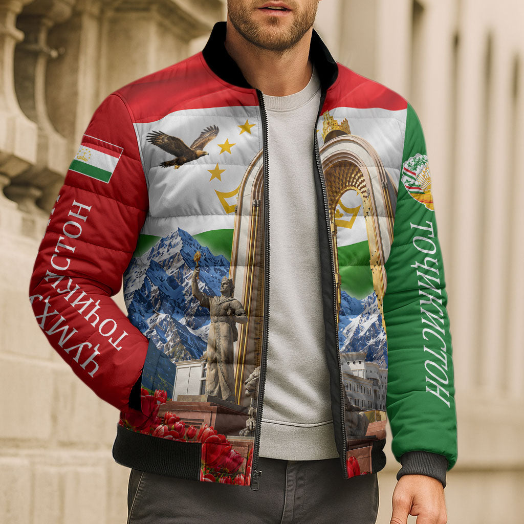 Tajikistan National Pride Bomber Puffer Jacket Ismoil Somoni Monument Marco Polo Sheep Flag