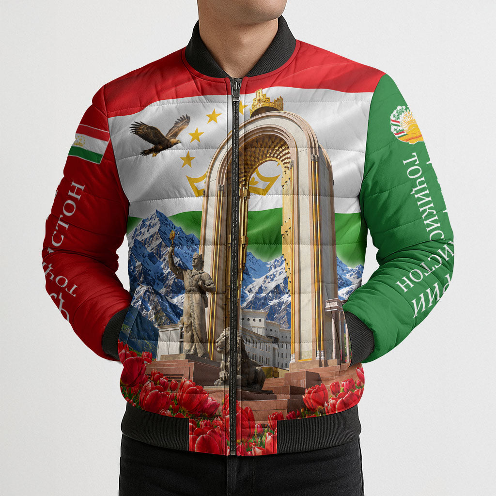 Tajikistan National Pride Bomber Puffer Jacket Ismoil Somoni Monument Marco Polo Sheep Flag