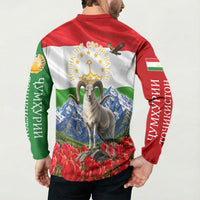 Tajikistan National Pride Button Sweatshirt Ismoil Somoni Monument Marco Polo Sheep Flag