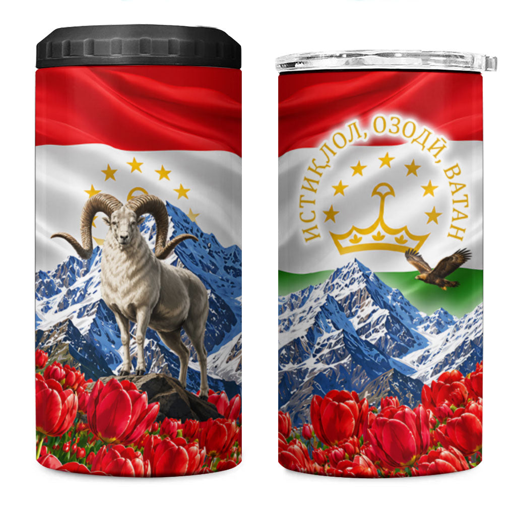 Tajikistan National Pride 4 in 1 Can Cooler Tumbler Ismoil Somoni Monument Marco Polo Sheep Flag