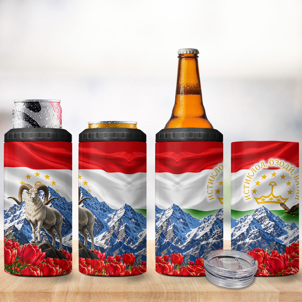 Tajikistan National Pride 4 in 1 Can Cooler Tumbler Ismoil Somoni Monument Marco Polo Sheep Flag