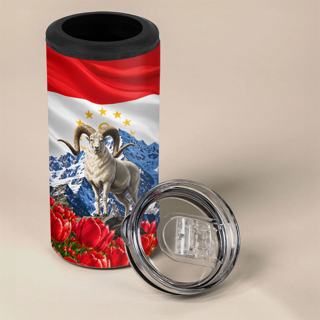 Tajikistan National Pride 4 in 1 Can Cooler Tumbler Ismoil Somoni Monument Marco Polo Sheep Flag