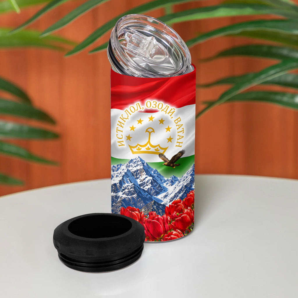 Tajikistan National Pride 4 in 1 Can Cooler Tumbler Ismoil Somoni Monument Marco Polo Sheep Flag