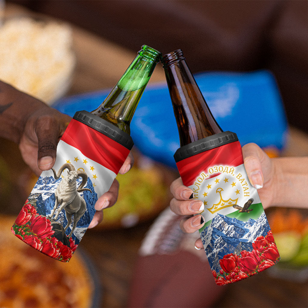 Tajikistan National Pride 4 in 1 Can Cooler Tumbler Ismoil Somoni Monument Marco Polo Sheep Flag
