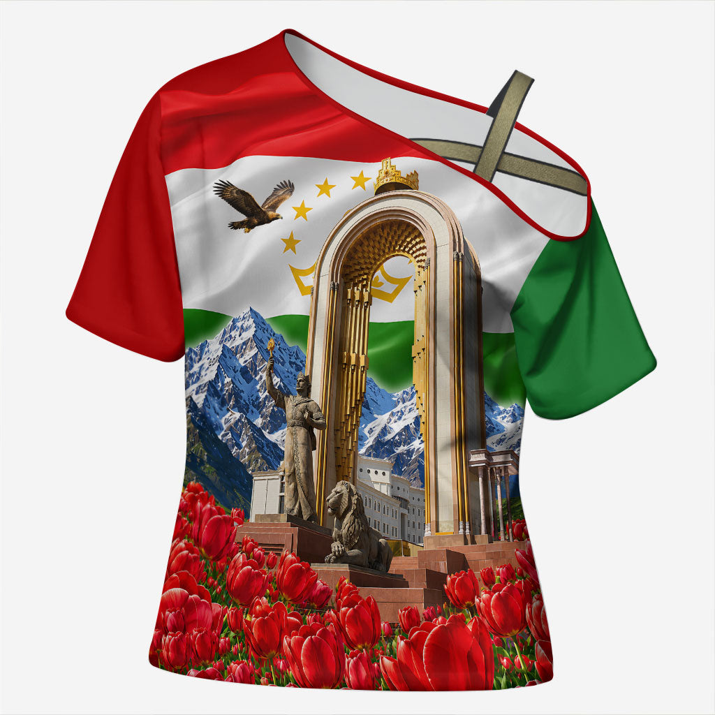Tajikistan National Pride Cross Shoulder Shirt Ismoil Somoni Monument Marco Polo Sheep Flag