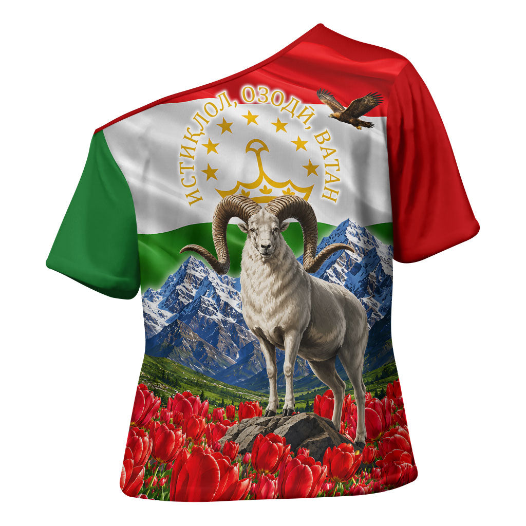 Tajikistan National Pride Cross Shoulder Shirt Ismoil Somoni Monument Marco Polo Sheep Flag