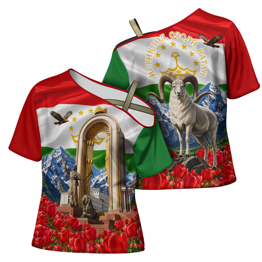 Tajikistan National Pride Cross Shoulder Shirt Ismoil Somoni Monument Marco Polo Sheep Flag